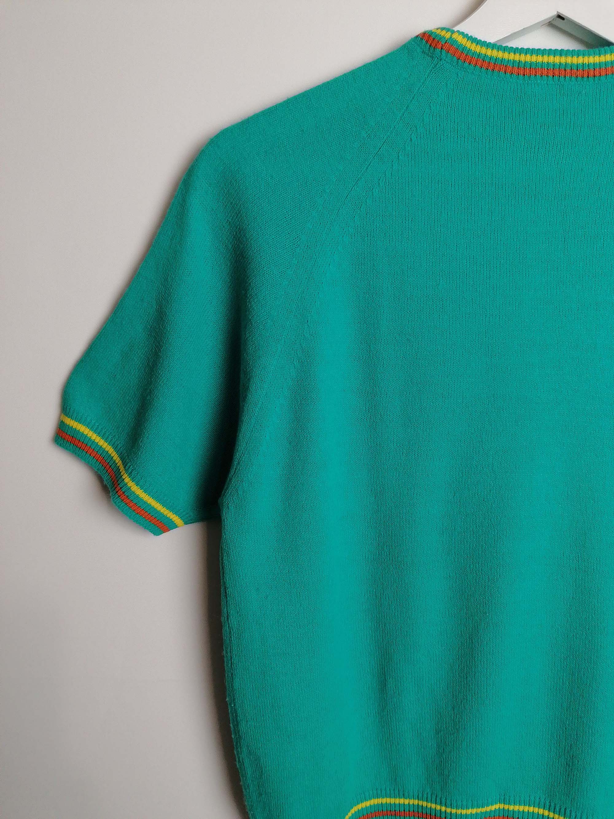 70's FILLEUR Soft Knit Top Retro Turquoise Green - size S-M