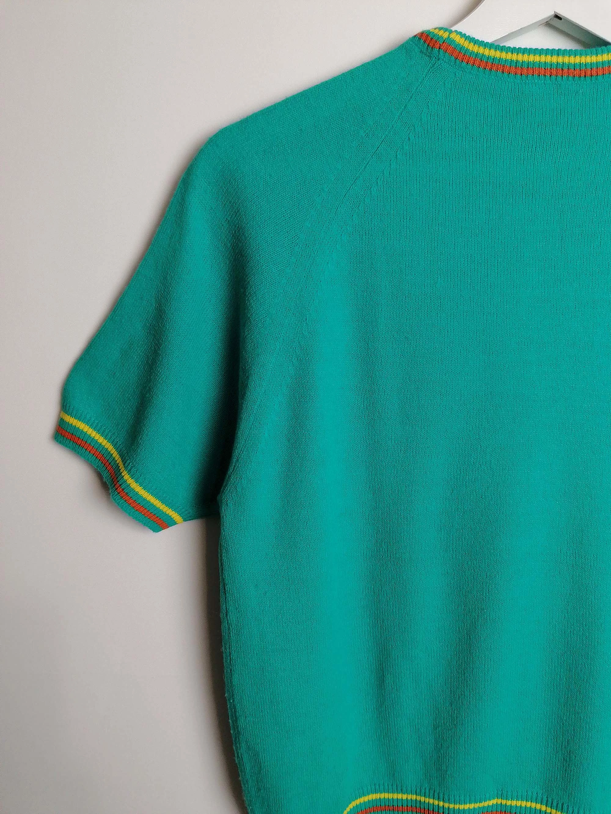 70's FILLEUR Soft Knit Top Retro Turquoise Green - size S-M