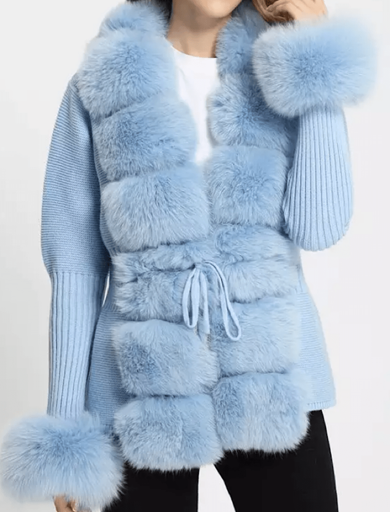 Blue Detachable Fox Fur Trimmed Ribbed Knit Sweater