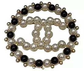 Chanel 18P 2018 Spring Large Round CC Pearl Black and White Gold Pin Brooch