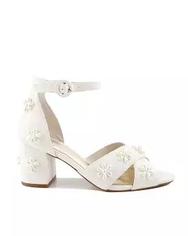 DAISY - IVORY LEATHER PEARL FLOWER HEELS