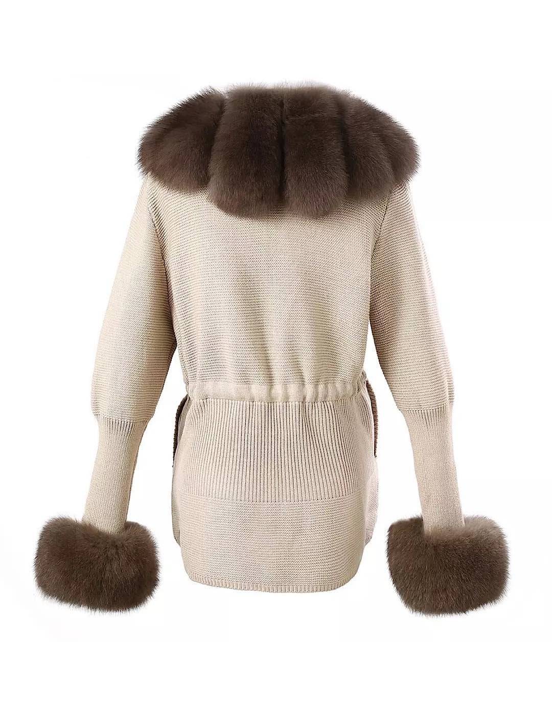 Detachable Fox Fur Trimmed Ribbed Knit Sweater