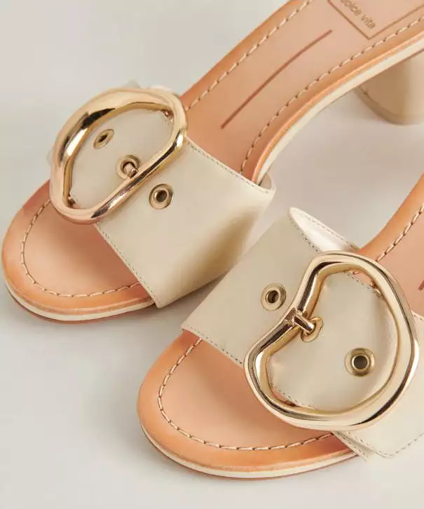 Dolce Vita Laika Block Heel Buckle Slides - Ivory Leather