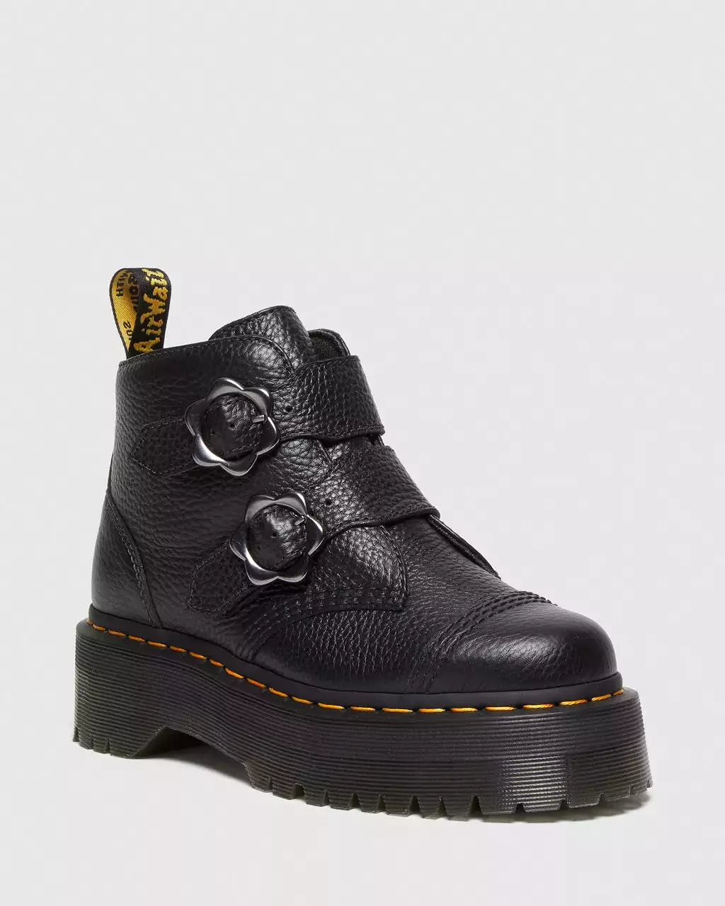 Dr Martens - Devon Flower Buckle Black Milled Nappa Leather Platform Boots 27642001