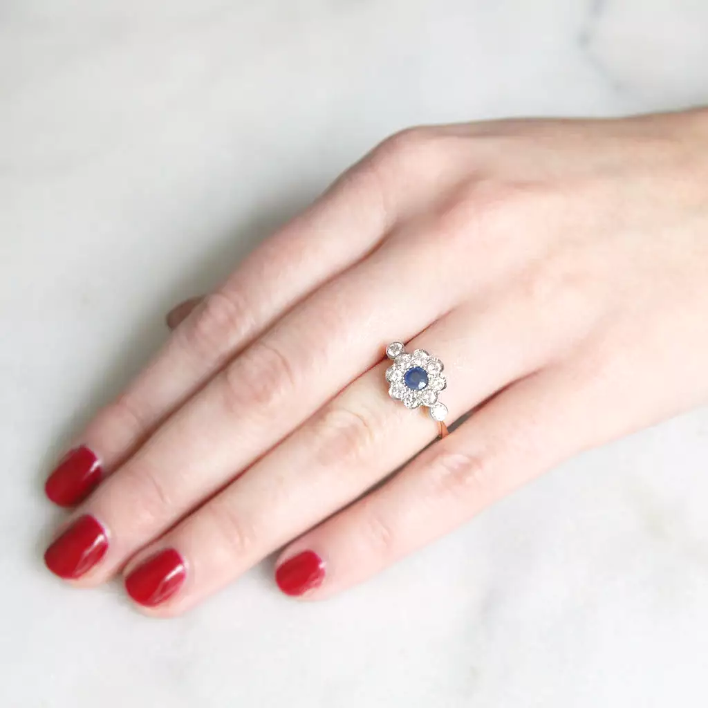 Edwardian Sapphire and Diamond Daisy Cluster Ring