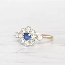 Edwardian Sapphire and Diamond Daisy Cluster Ring