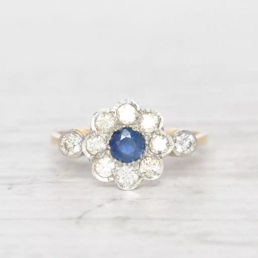 Edwardian Sapphire and Diamond Daisy Cluster Ring