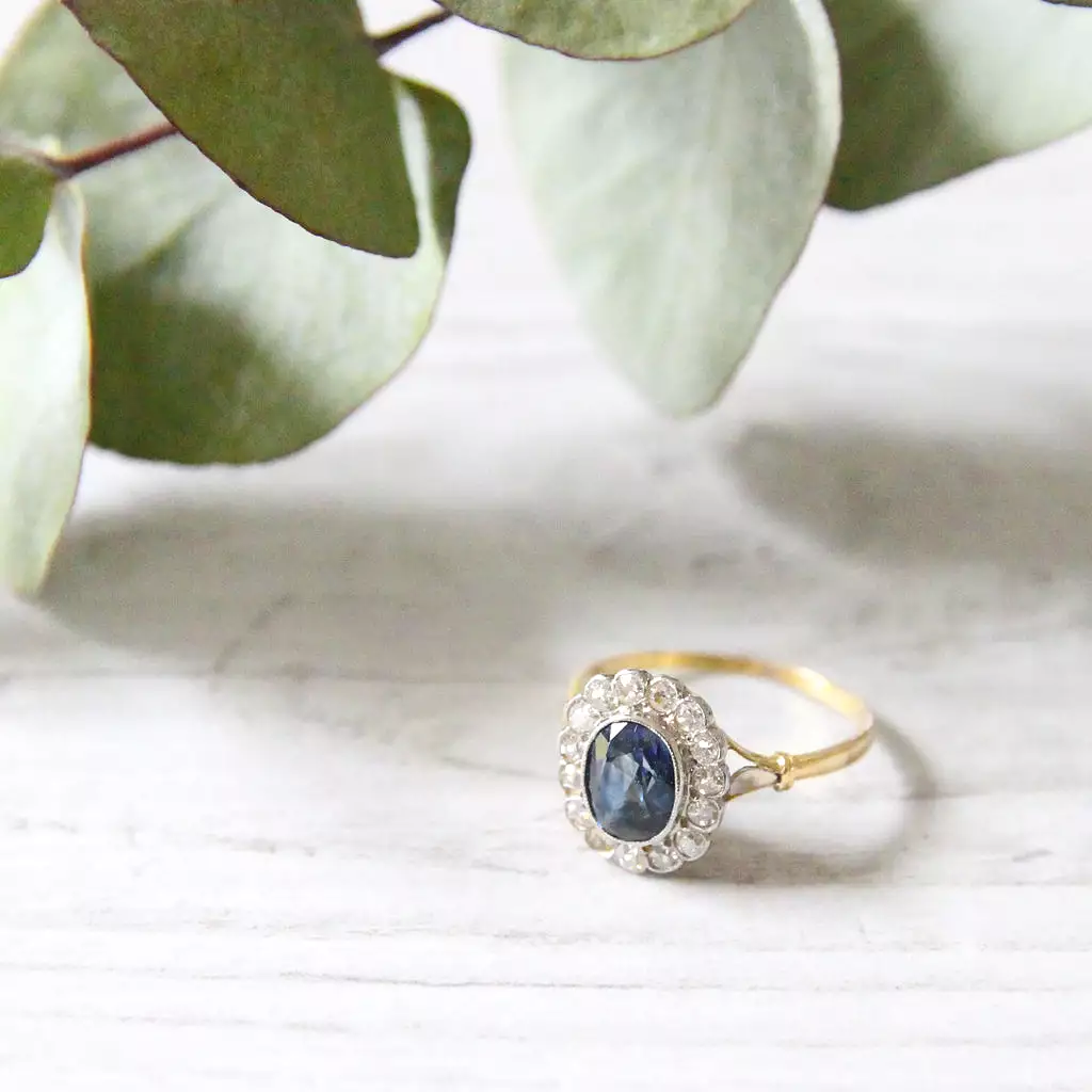 Edwardian Sapphire and Diamond Oval Cluster Ring