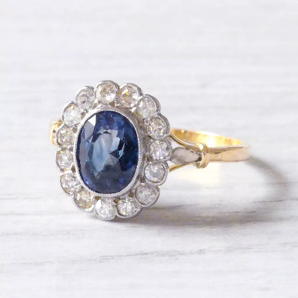 Edwardian Sapphire and Diamond Oval Cluster Ring