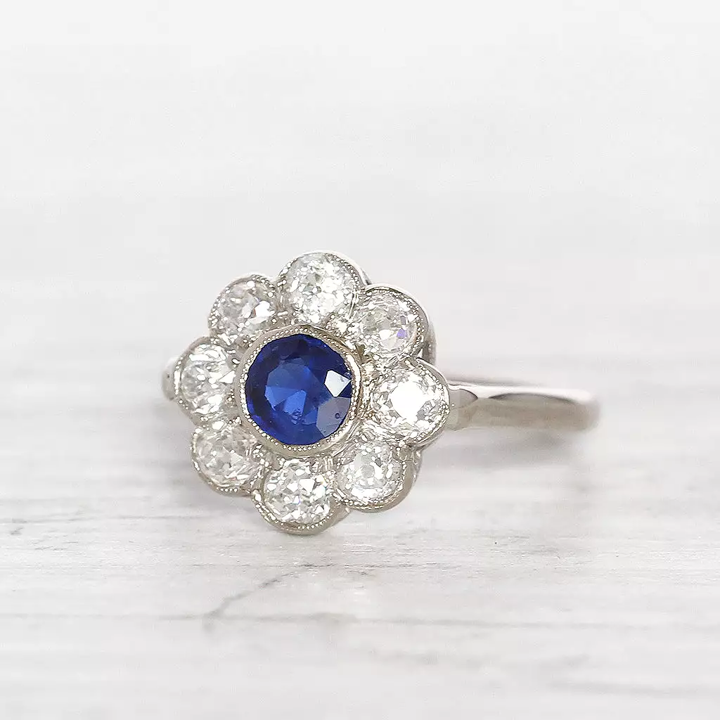 Edwardian Sapphire and Old Cut Diamond Daisy Cluster