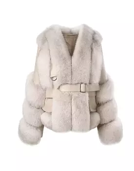 Fox Fur Leather Trimmed Belted Coat