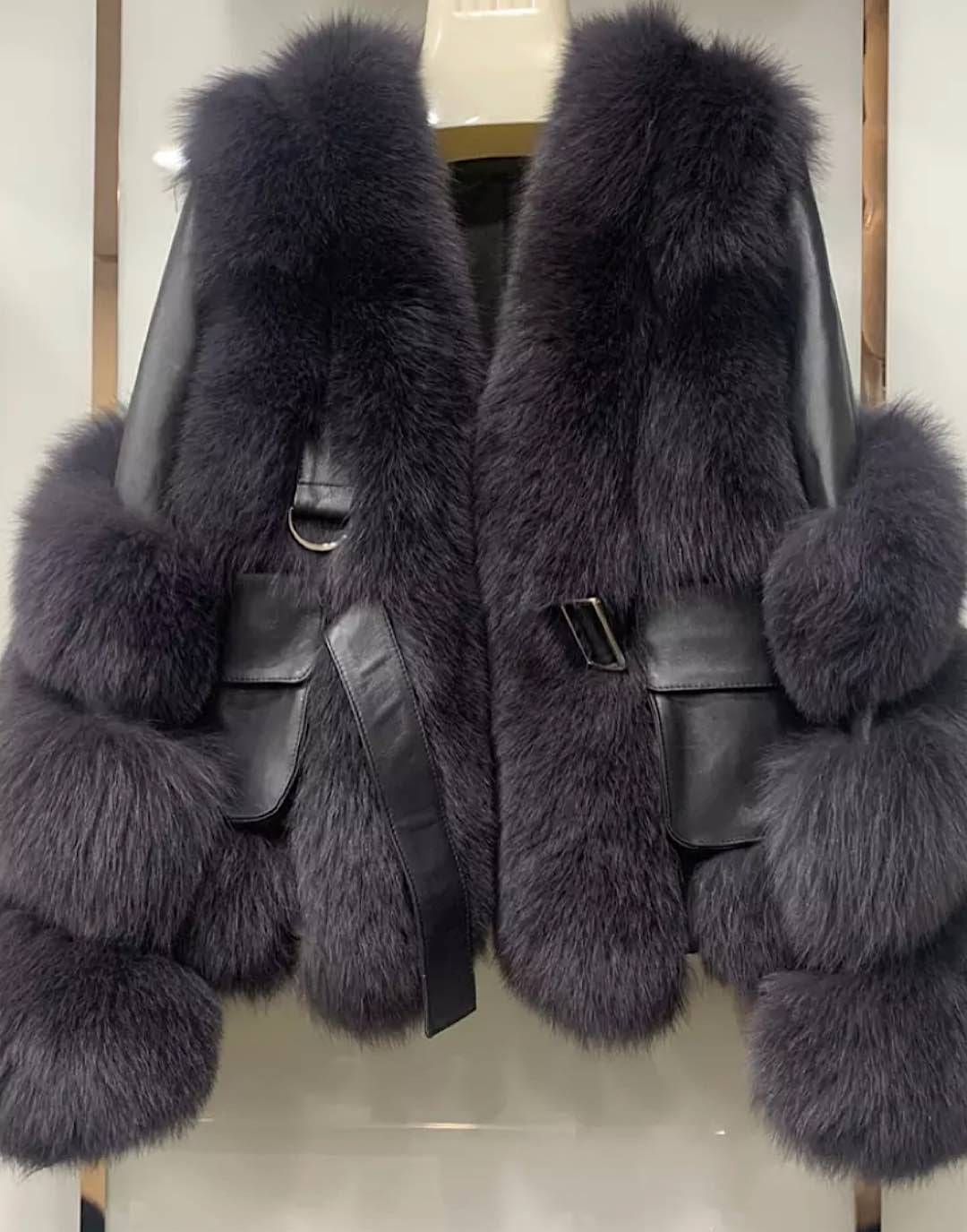 Fox Fur Leather Trimmed Belted Coat