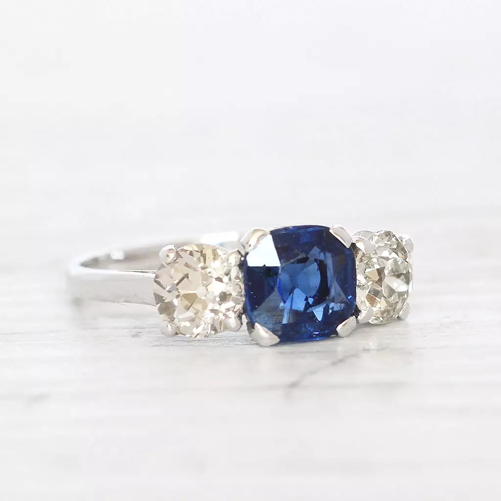 French Art Deco 1 Carat Sapphire and Old Cut Diamond Three Stone