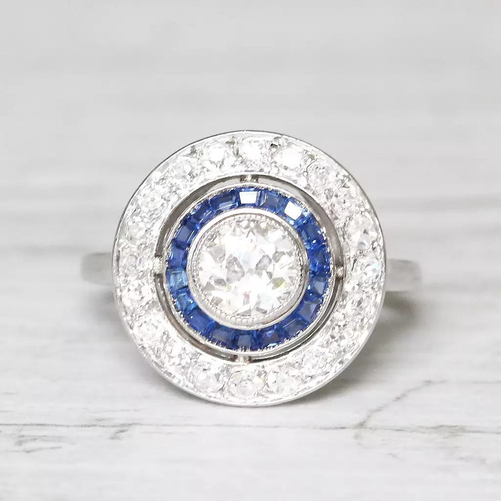 French Art Deco Old European Cut Diamond and Sapphire Target Cluster