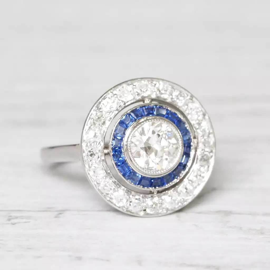 French Art Deco Old European Cut Diamond and Sapphire Target Cluster