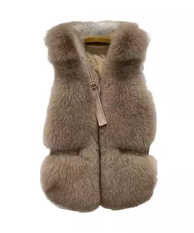 Genuine Striped Paneled Fox Fur Vest Gilet In Brown