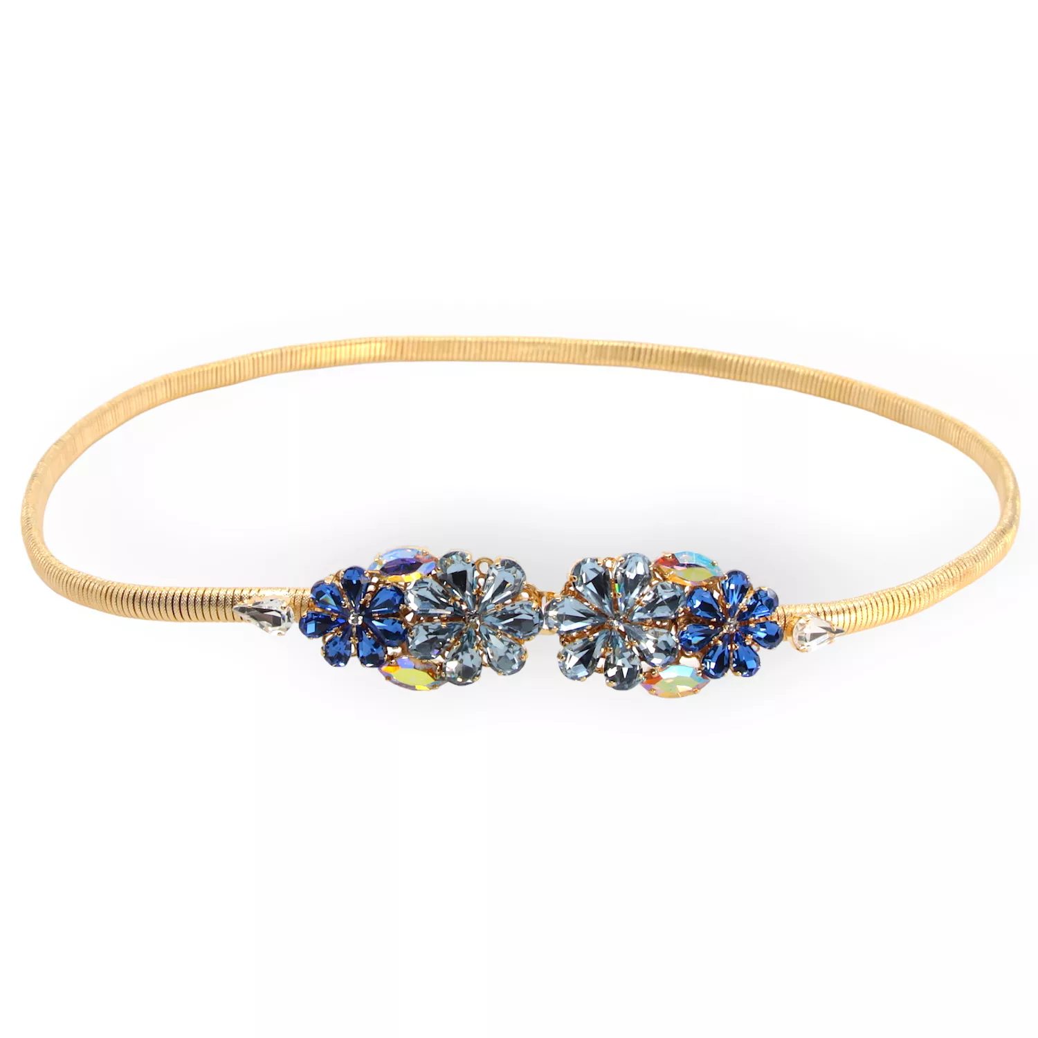 GOLD PLATED STRETCH METAL BELT WITH DAISY BUCKLE IN SAPPHIRE AND AQUAMARINE CRYSTALS