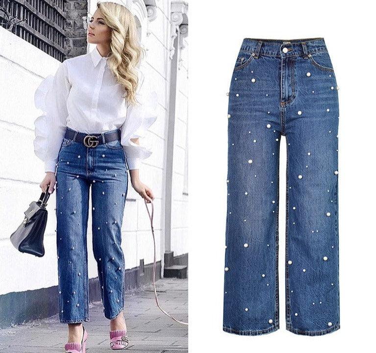 High Waist Flared Trousers Pearl Studded  Loose Jeans