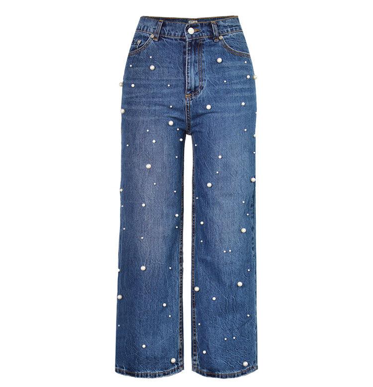 High Waist Flared Trousers Pearl Studded  Loose Jeans