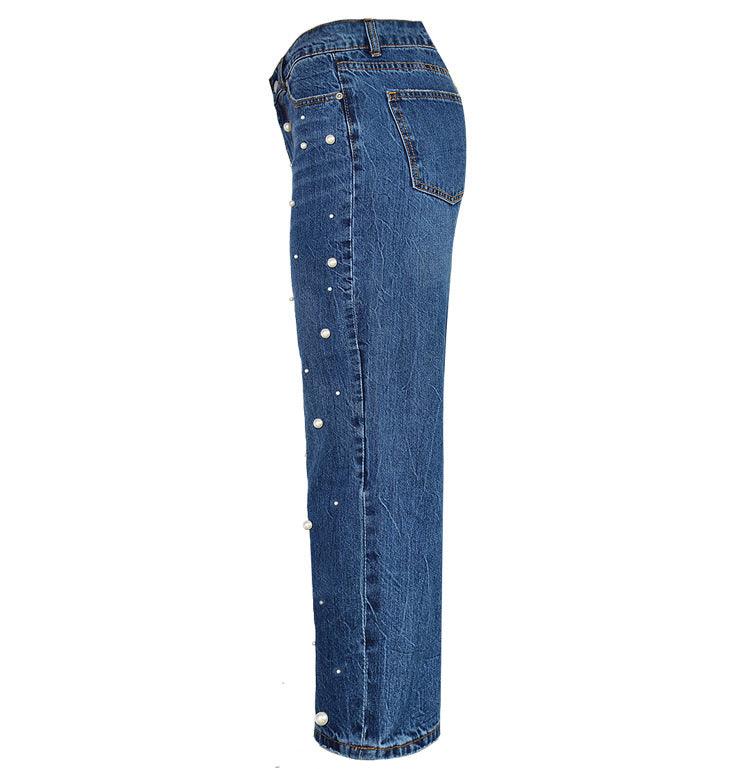 High Waist Flared Trousers Pearl Studded  Loose Jeans