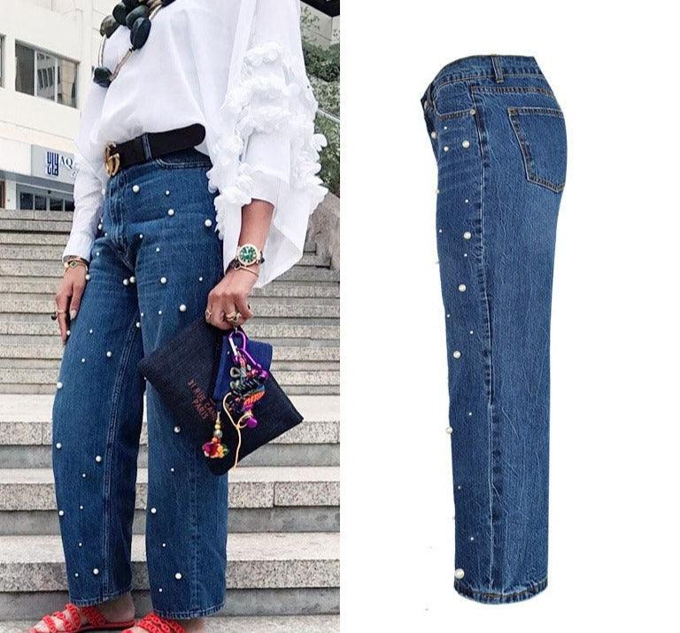 High Waist Flared Trousers Pearl Studded  Loose Jeans