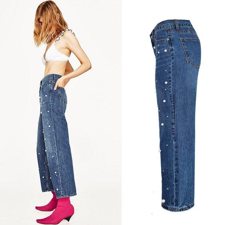 High Waist Flared Trousers Pearl Studded  Loose Jeans