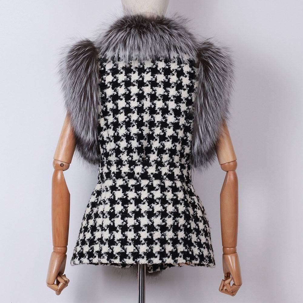 Houndstooth Fox Fur Trim Belted Wool Vest