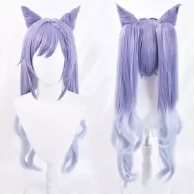 KEQING Gradient Purple Cosplay Long Curly Ponytails Ears Wig MK15298