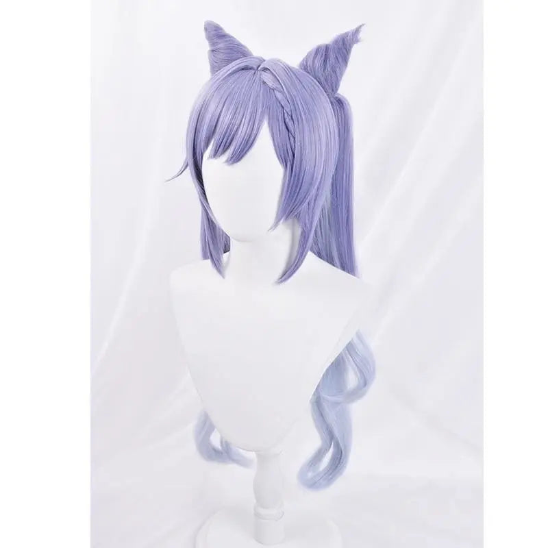 KEQING Gradient Purple Cosplay Long Curly Ponytails Ears Wig MK15298