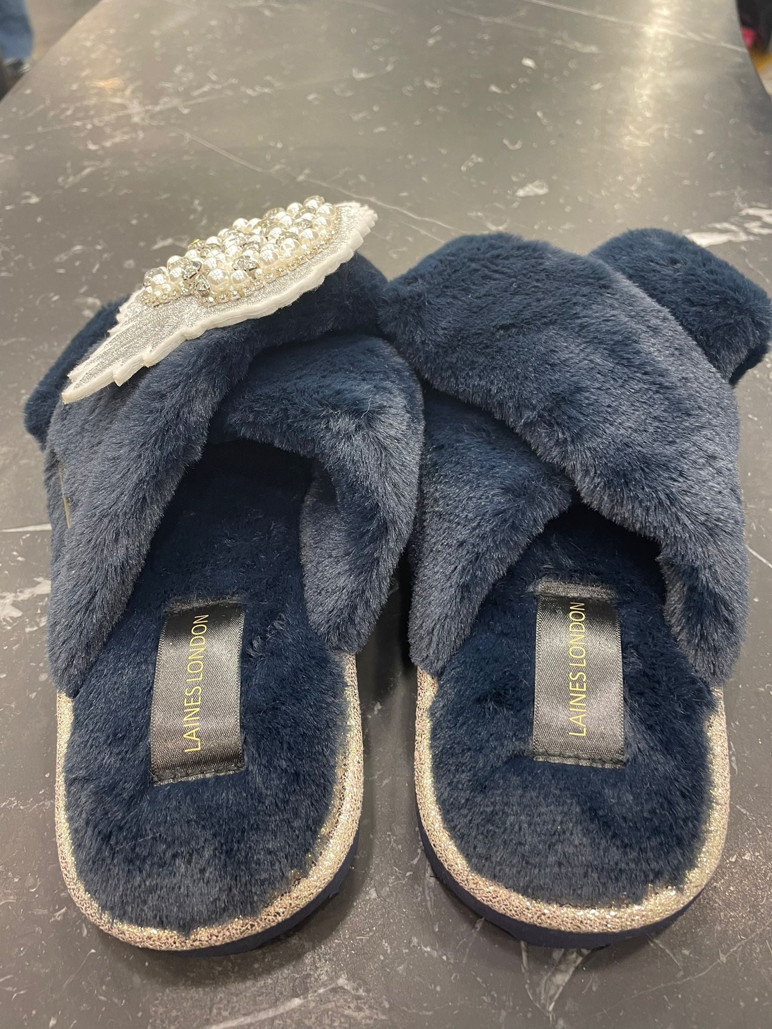 Laines London Navy Pearl Heart Slippers