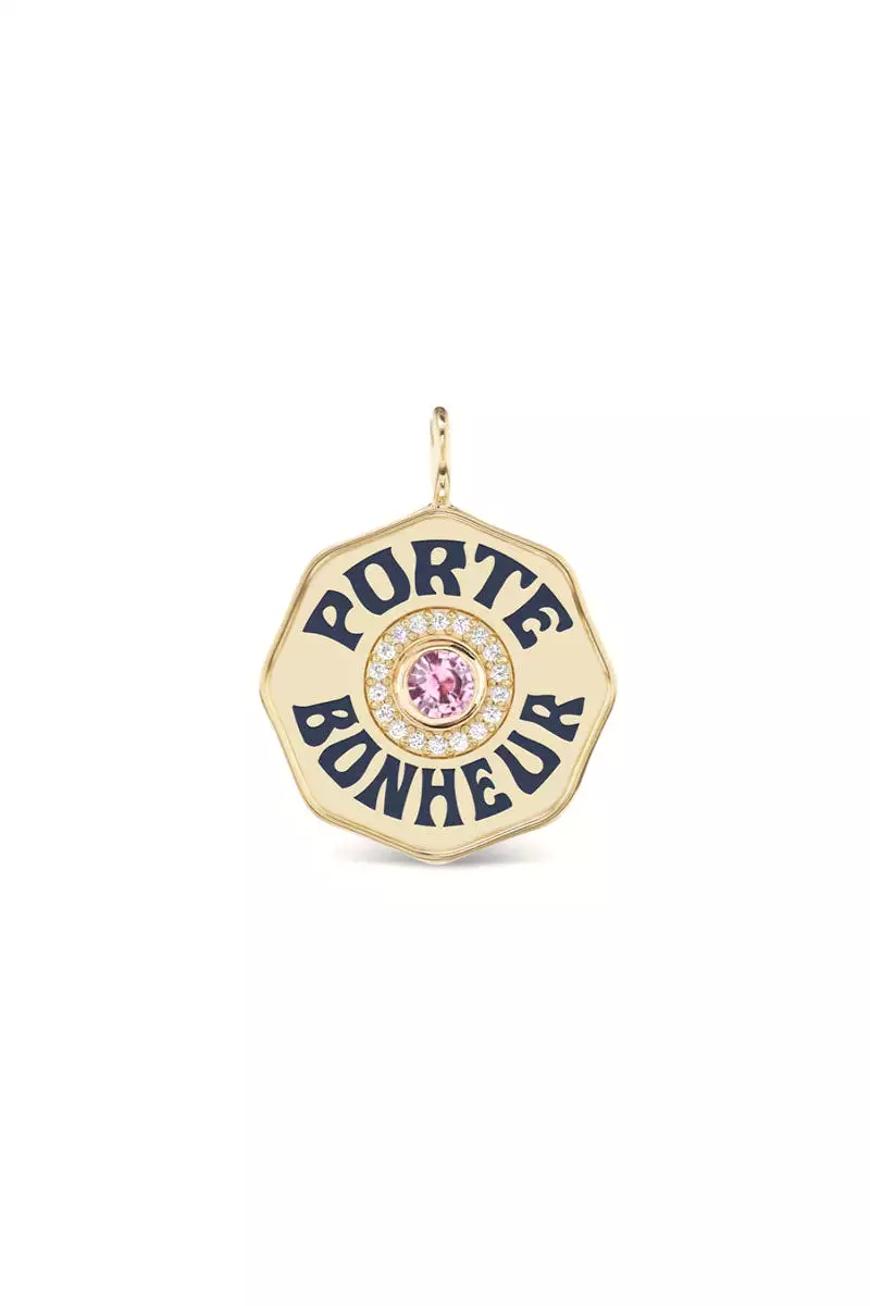 Large Porte Bonheur Charm - Pink Sapphire Diamond Navy Enamel Yellow Gold