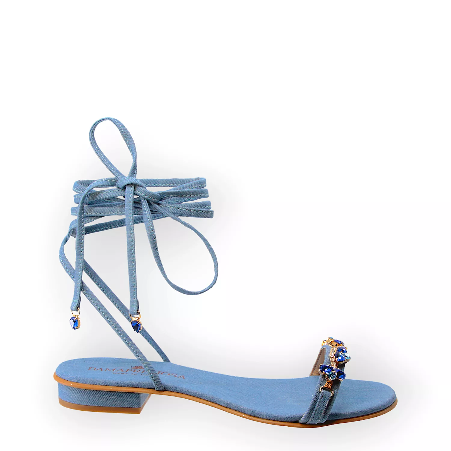 Lulù Light Blue Denim Lace-Up Flat Sandal With Sapphire crystal drops.