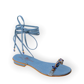 Lulù Light Blue Denim Lace-Up Flat Sandal With Sapphire crystal drops.