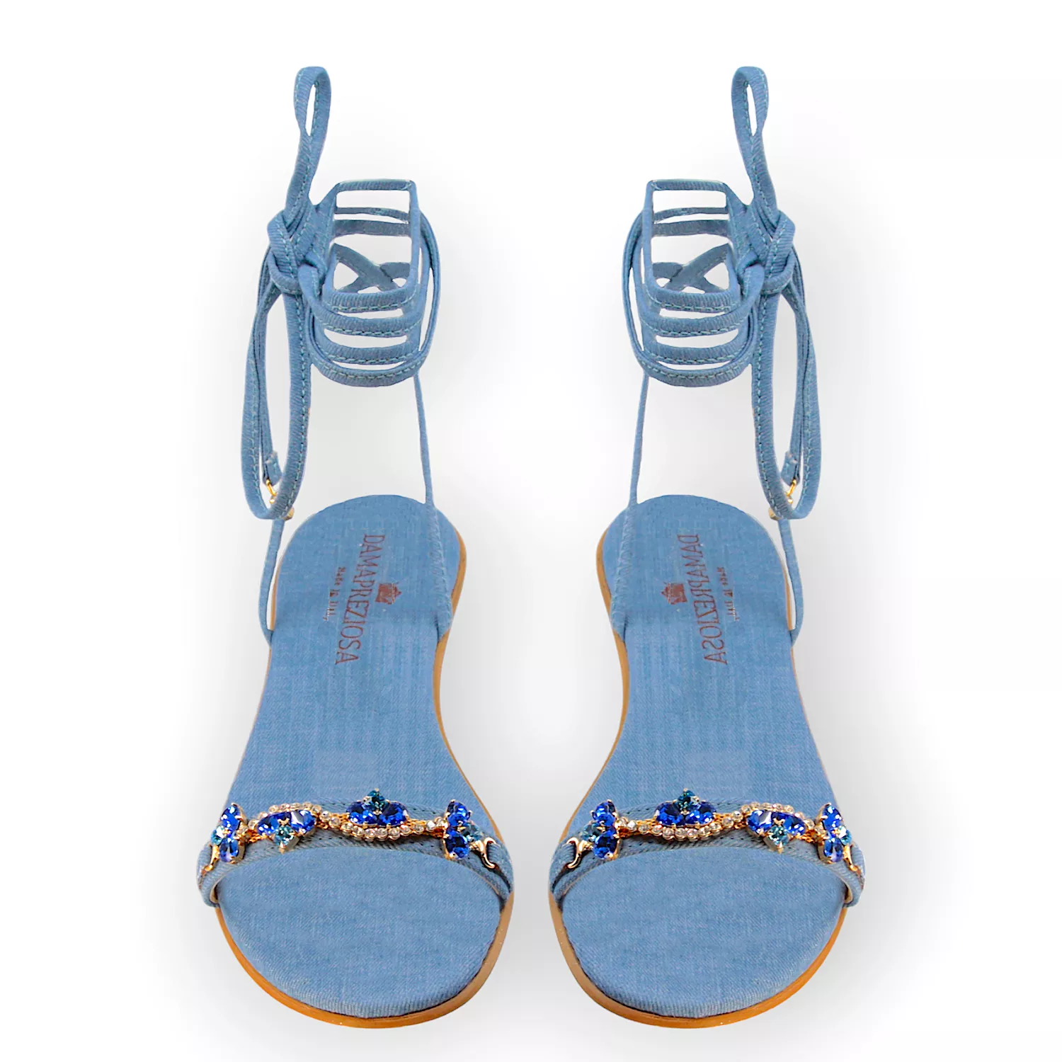 Lulù Light Blue Denim Lace-Up Flat Sandal With Sapphire crystal drops.