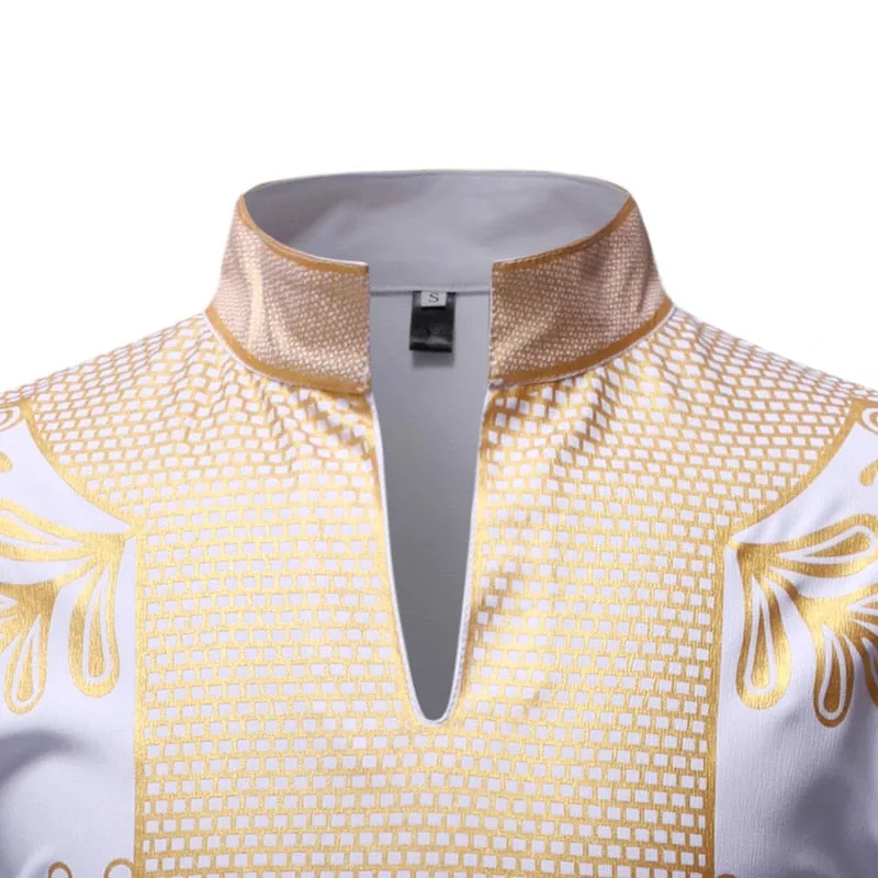 Men's Polyester African Print Pattern Mandarin Collar Long Sleeve Shirt