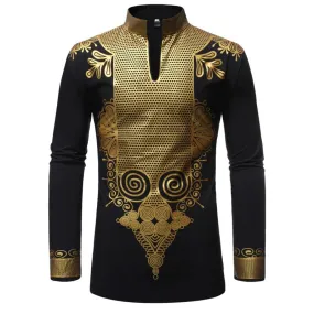 Men's Polyester African Print Pattern Mandarin Collar Long Sleeve Shirt