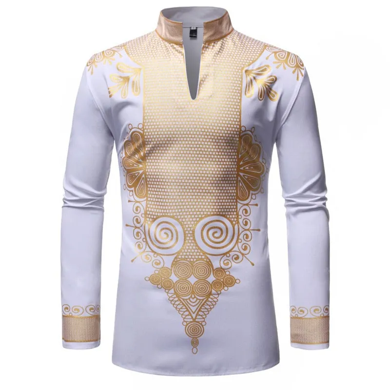 Men's Polyester African Print Pattern Mandarin Collar Long Sleeve Shirt