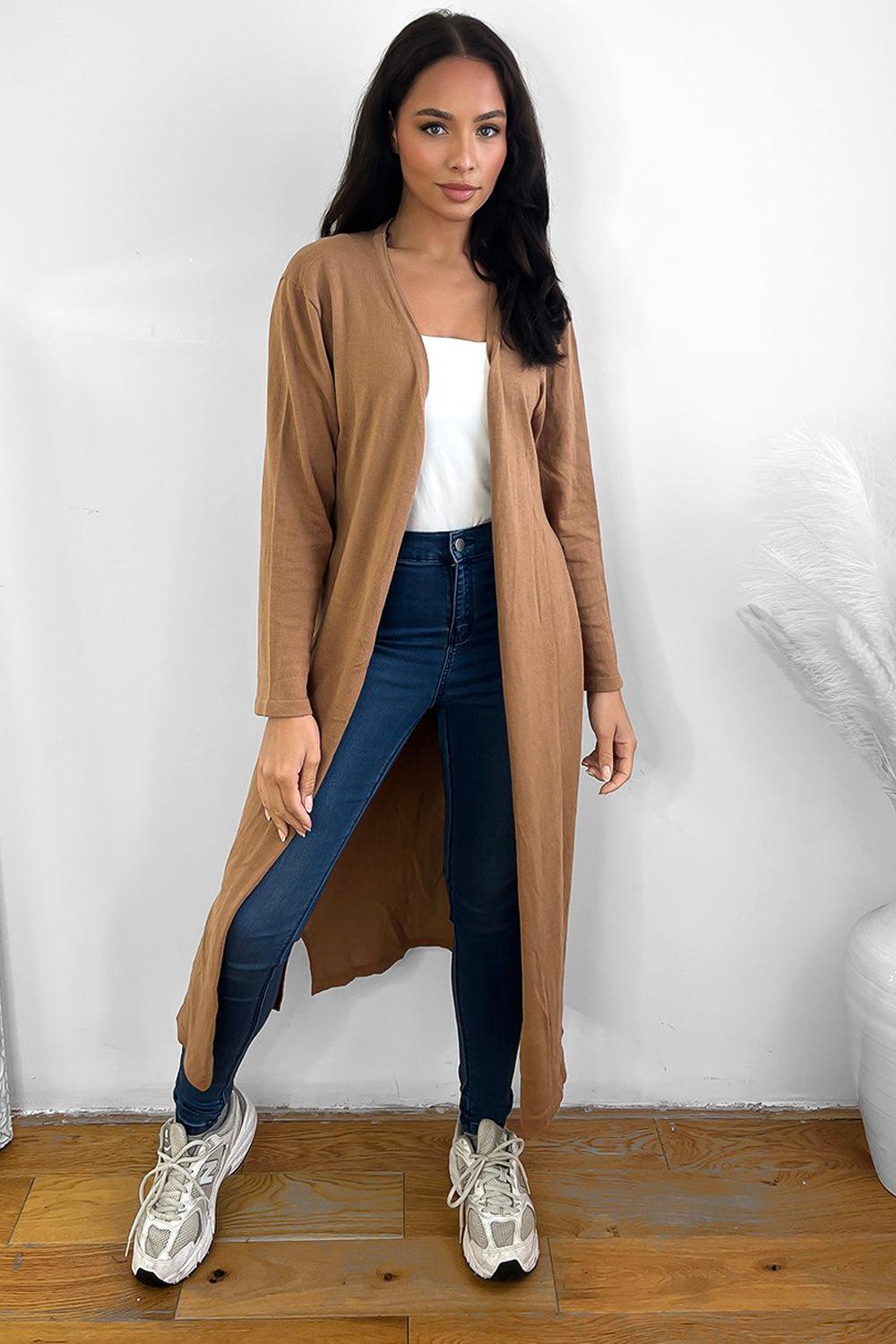 Midi Length Plain Open Front Cardigan