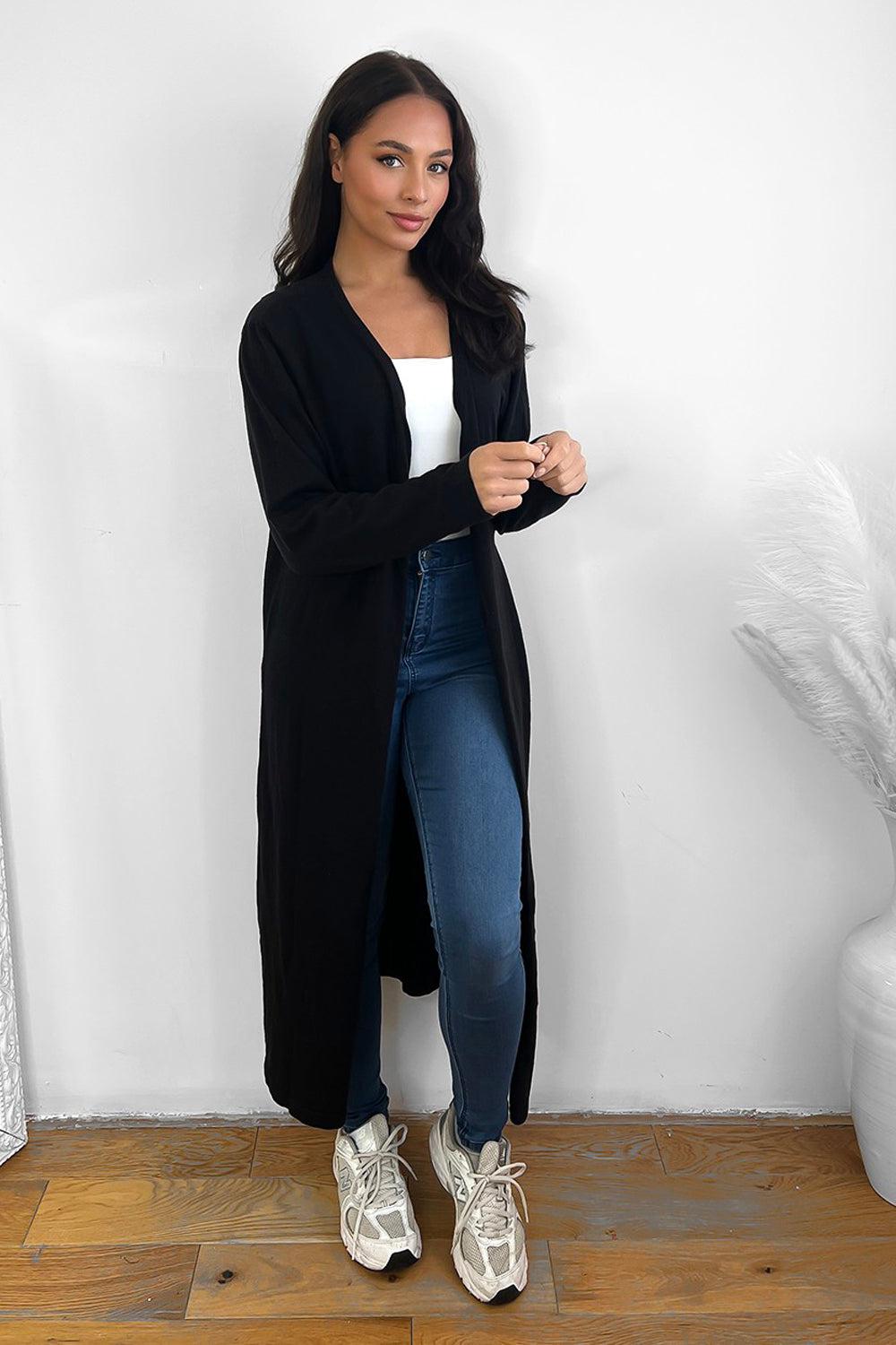 Midi Length Plain Open Front Cardigan