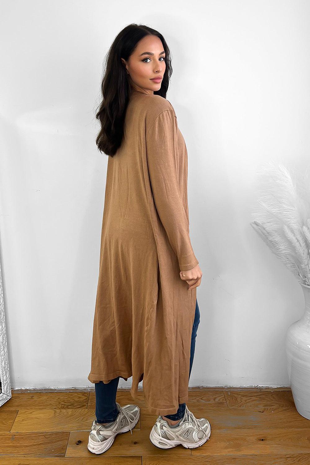 Midi Length Plain Open Front Cardigan