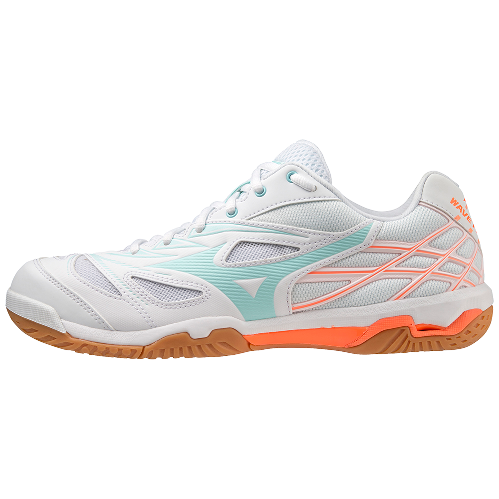 Mizuno Wave Fang NX Badminton Shoes | White/Tanager Turquoise/Light Orange