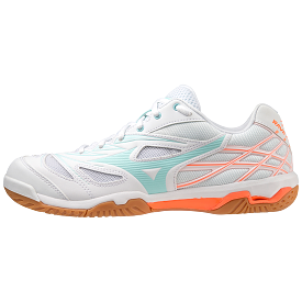 Mizuno Wave Fang NX Badminton Shoes | White/Tanager Turquoise/Light Orange