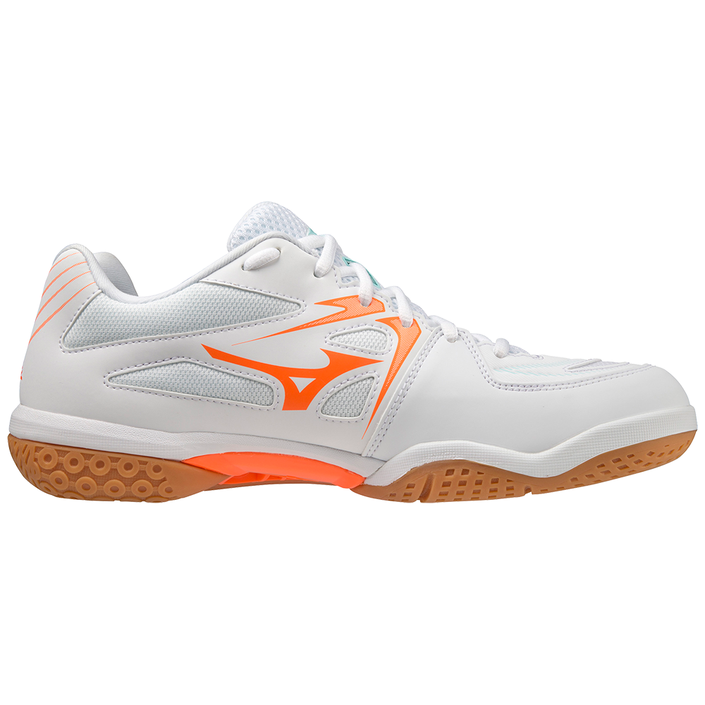 Mizuno Wave Fang NX Badminton Shoes | White/Tanager Turquoise/Light Orange