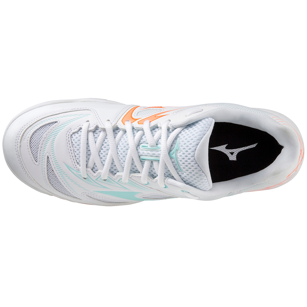 Mizuno Wave Fang NX Badminton Shoes | White/Tanager Turquoise/Light Orange