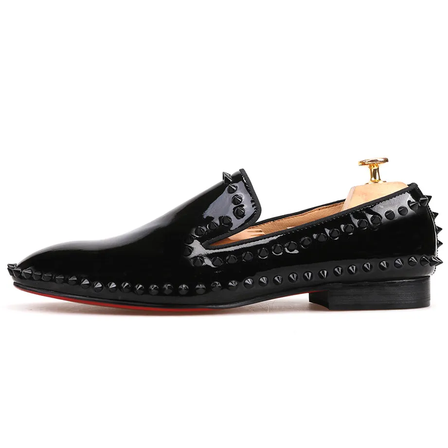 OneDrop Handmade Patent Leather Men Dress Shoes Black Spikes Red Bottom Wedding Party Prom Loafers