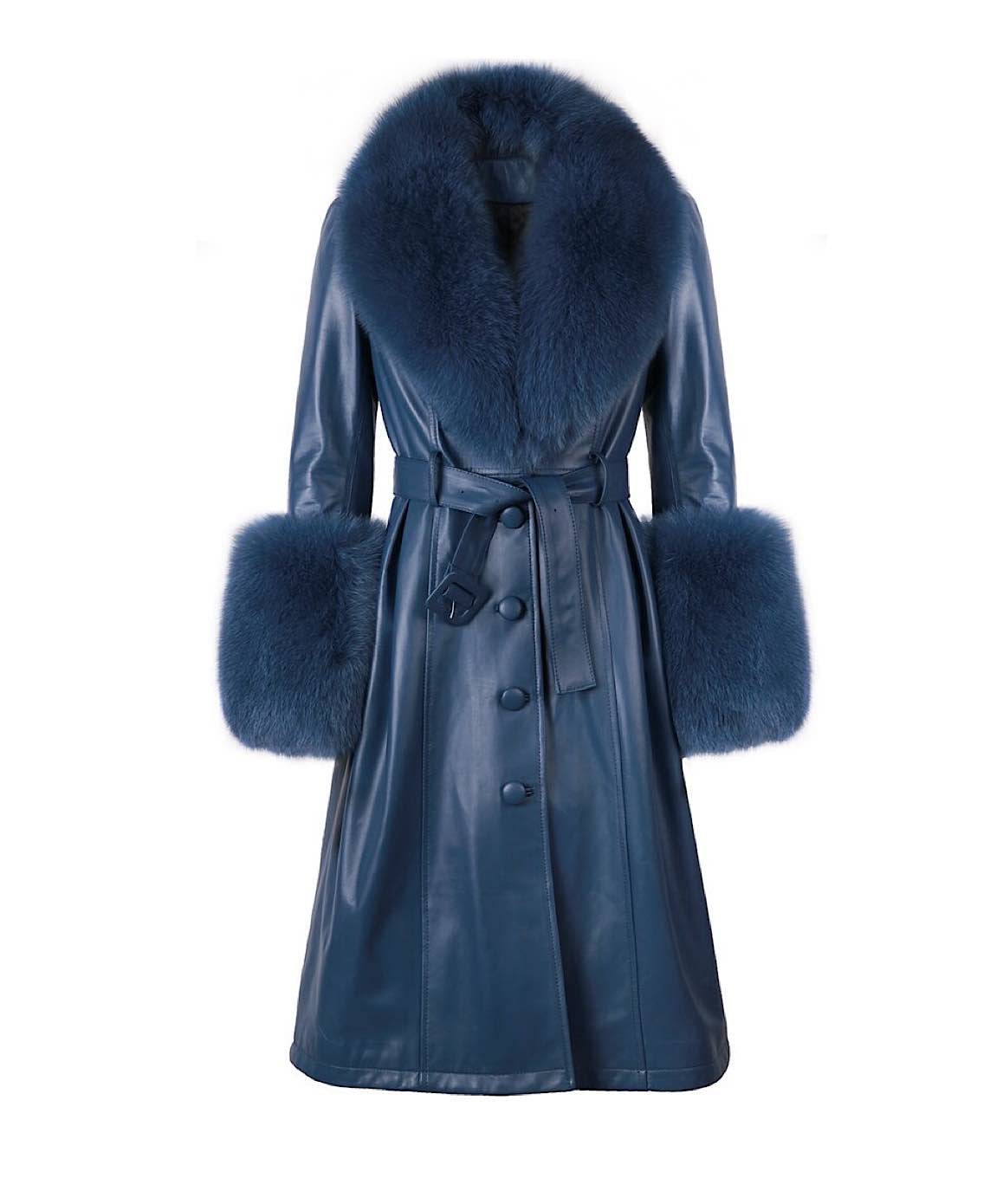 Sheep Skin Leather Long Coat With Fox Fur Collar and Sleeves