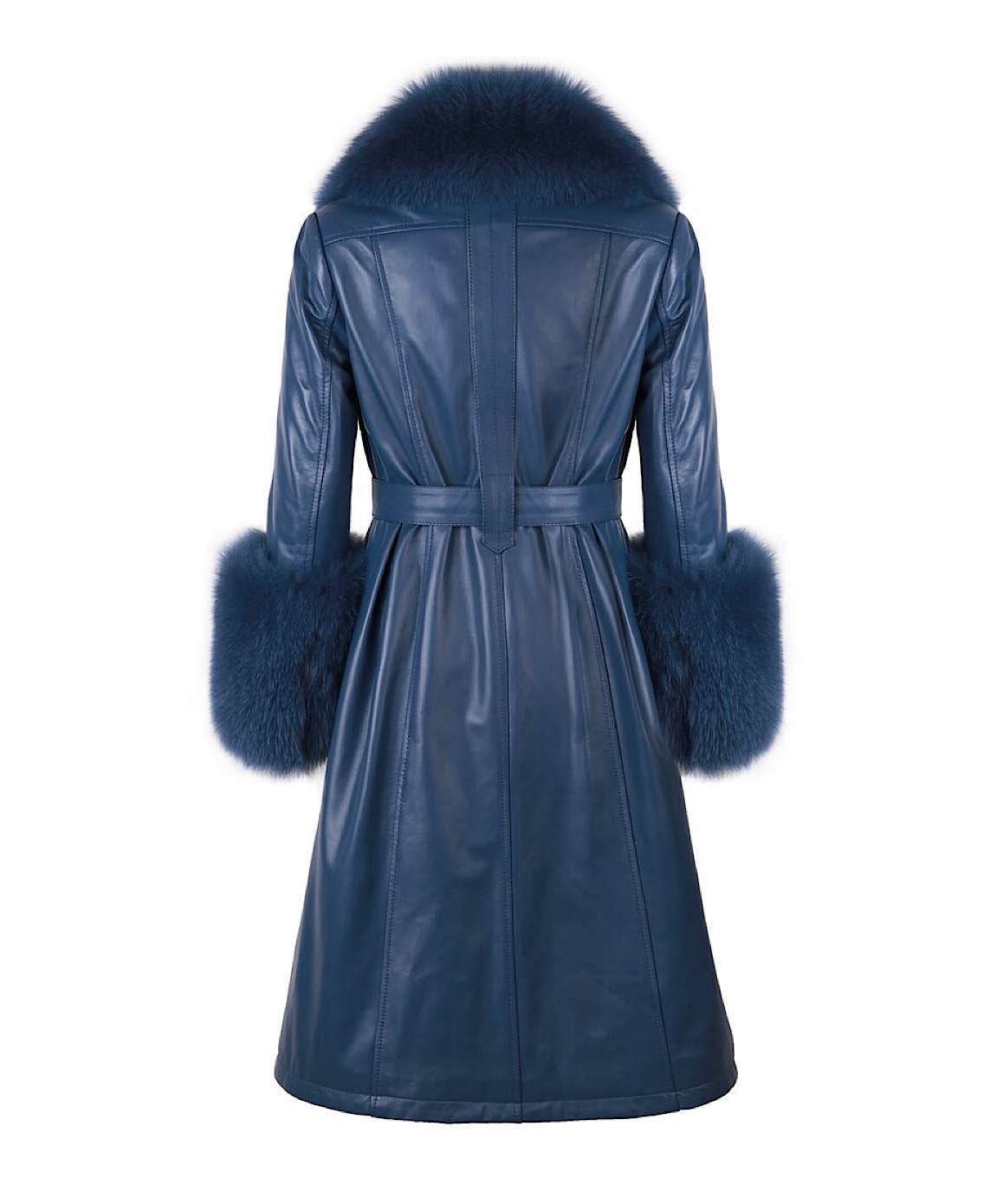 Sheep Skin Leather Long Coat With Fox Fur Collar and Sleeves