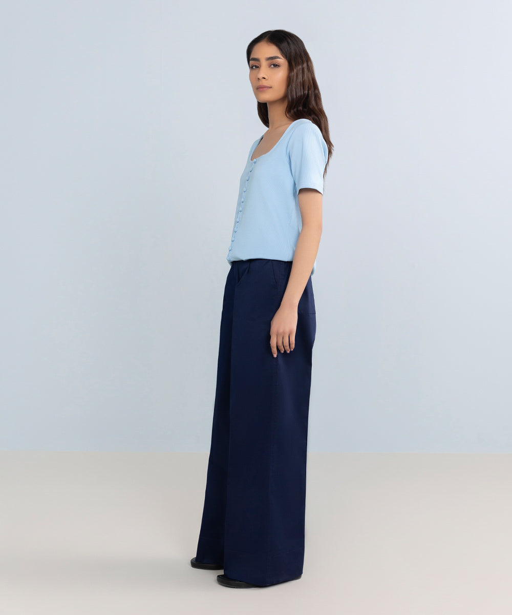 Stretched Cotton Wide Leg Trousers