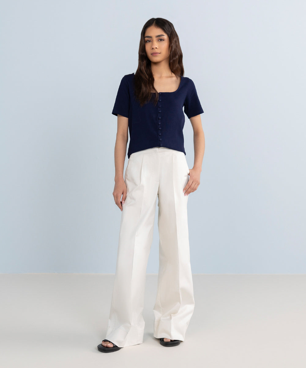 Stretched Cotton Wide Leg Trousers