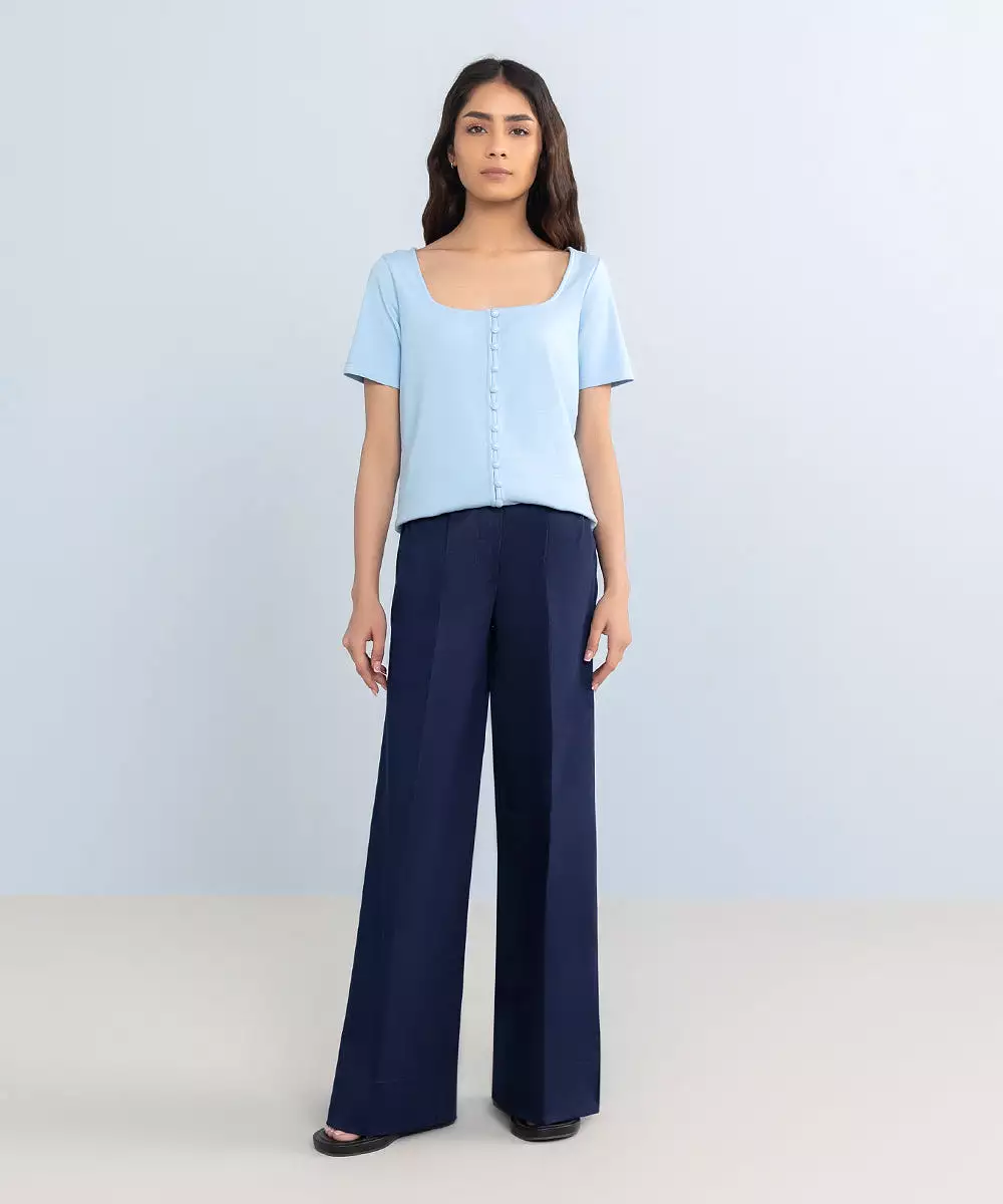 Stretched Cotton Wide Leg Trousers